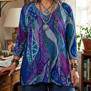 ATCC Abstract Art To Wear Slinky Tunic Top Psychedelic Eclectic Watercolour Y2K